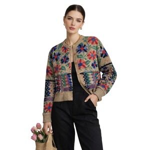 Eagles Eye Wool Floral Cardigan L Beige Cottagecore Retro‎ Knit Sweater